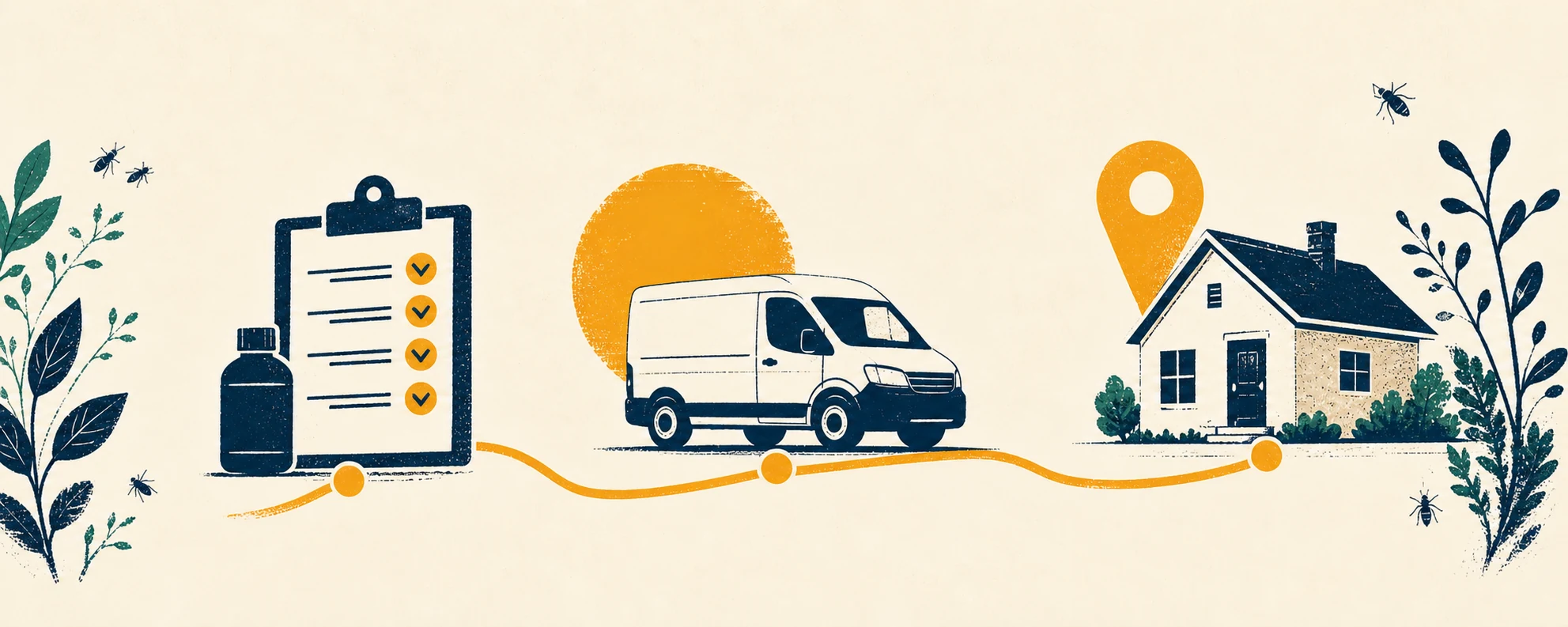 A completed service moves from the office clipboard, to the service van, to the customer's property.